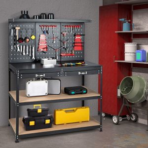 Garage Workshop Workbench with Shelves and Drawers Pegboard Work Table Metal Frame with 25 Tool Holders 121 x 61 x 156 cm Black -