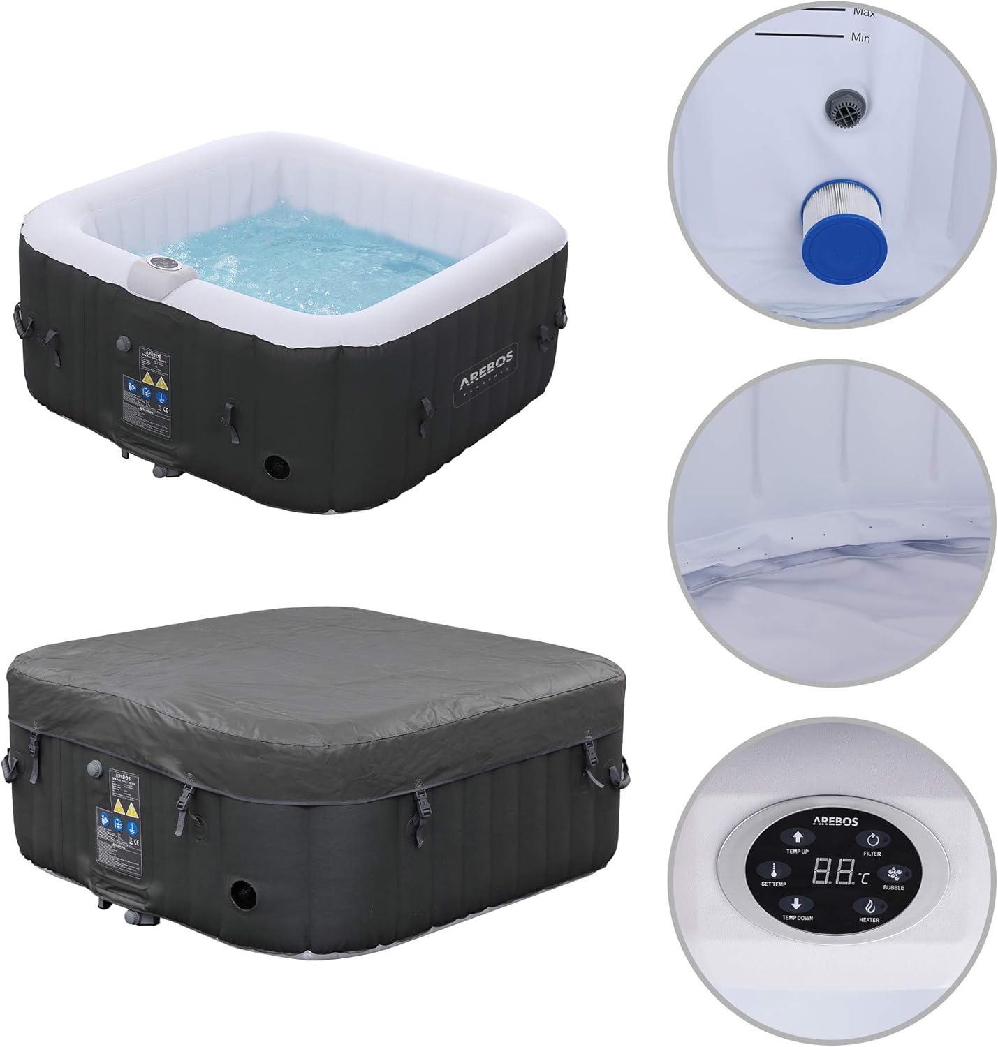 Arebos Inflatable Spa | for indoors and outdoors | 4 People | 154x154cm | 100 Massage Jets | Spa Well-being Heating | Square Inflatable Massage | 600 liters - Image 6