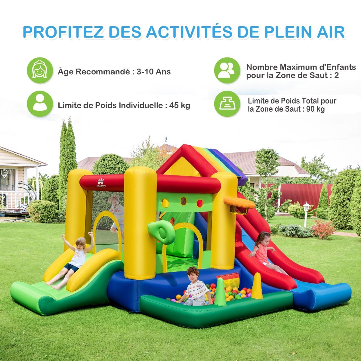 7 in 1 Rainbow Themed Inflatable Castle with Fan Double Slides Ball Pool Basketball Hoop Load 90kg - - Image 4