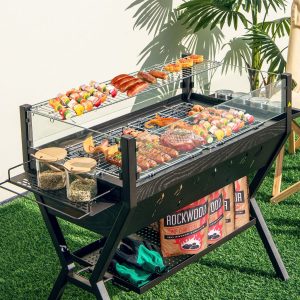 Charcoal Barbecue Stainless Steel Charcoal Grill with Wind Shield Seasoning Racks Storage Shelf Brown -