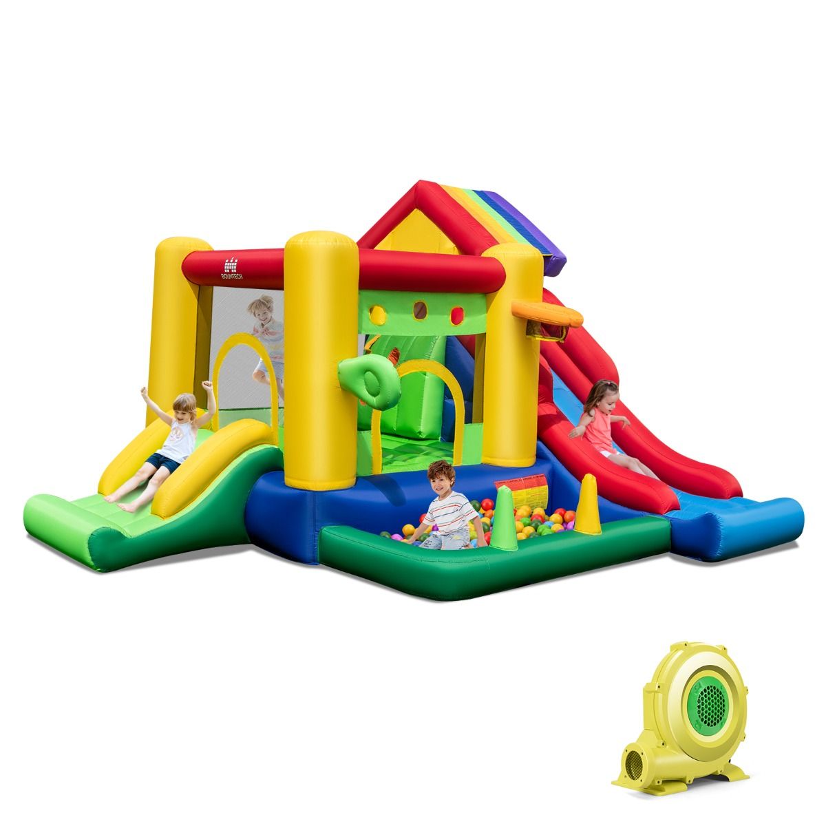 7 in 1 Rainbow Theme Inflatable Castle with Fan Double Slides Pool Balls Basketball Hoop Load 90kg - - Image 2