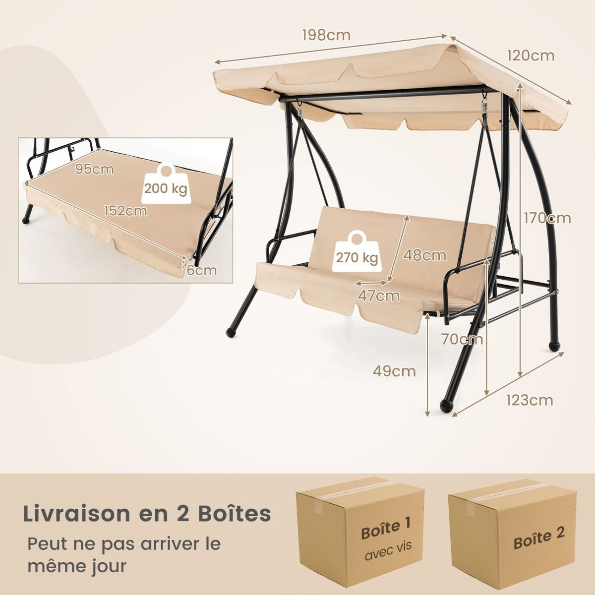 2-Seater Convertible Outdoor Swing with Flat Bed Terrace Hammock with Adjustable Awning and Removable Cushion for Garden - - Image 10