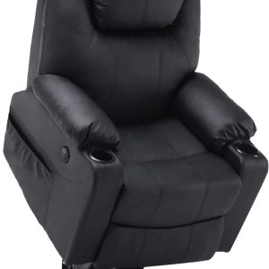 MCombo electric tie-down aid, TV armchair, Relaxing armchair, Massage, Heating, Electrically adjustable USB connection, Faux leather, Black