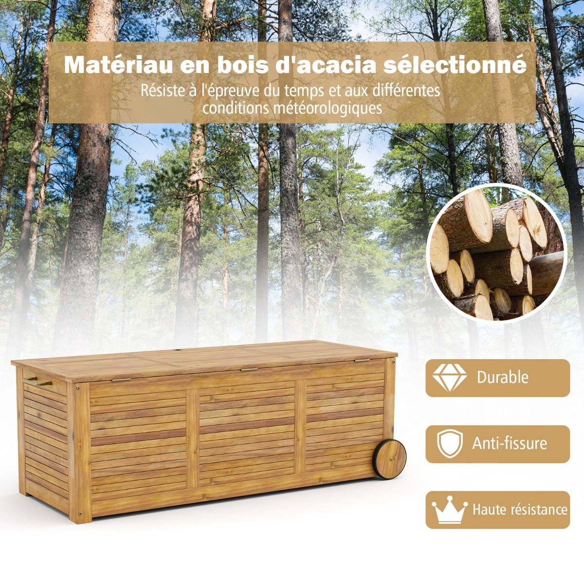 182L Acacia Wood Storage Chest Metal Hinge Outdoor Storage Bench on Wheels for Garden Patio - - Image 7