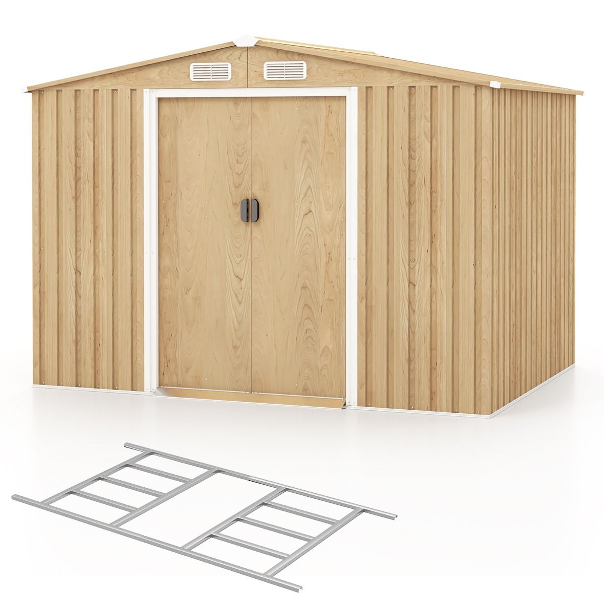 Storage Shed 259cm x196cm with Foundation Base Home Galvanized Metal Tools with 4 Vents Waterproof and Windproof Natural - - Image 3