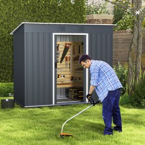 Metal Garden Shed 2.4 ㎡ Single Slope Roof Garden Shed 2 Lockable Sliding Doors Foundation 2 Ventilation Holes Gray -