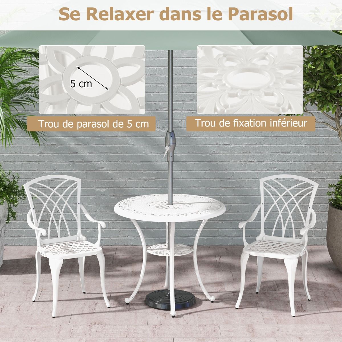5 Pcs Cast Aluminum Garden Furniture Parasol Hole Adjustable Footrest Round Table Set and 4 Chairs White - - Image 5