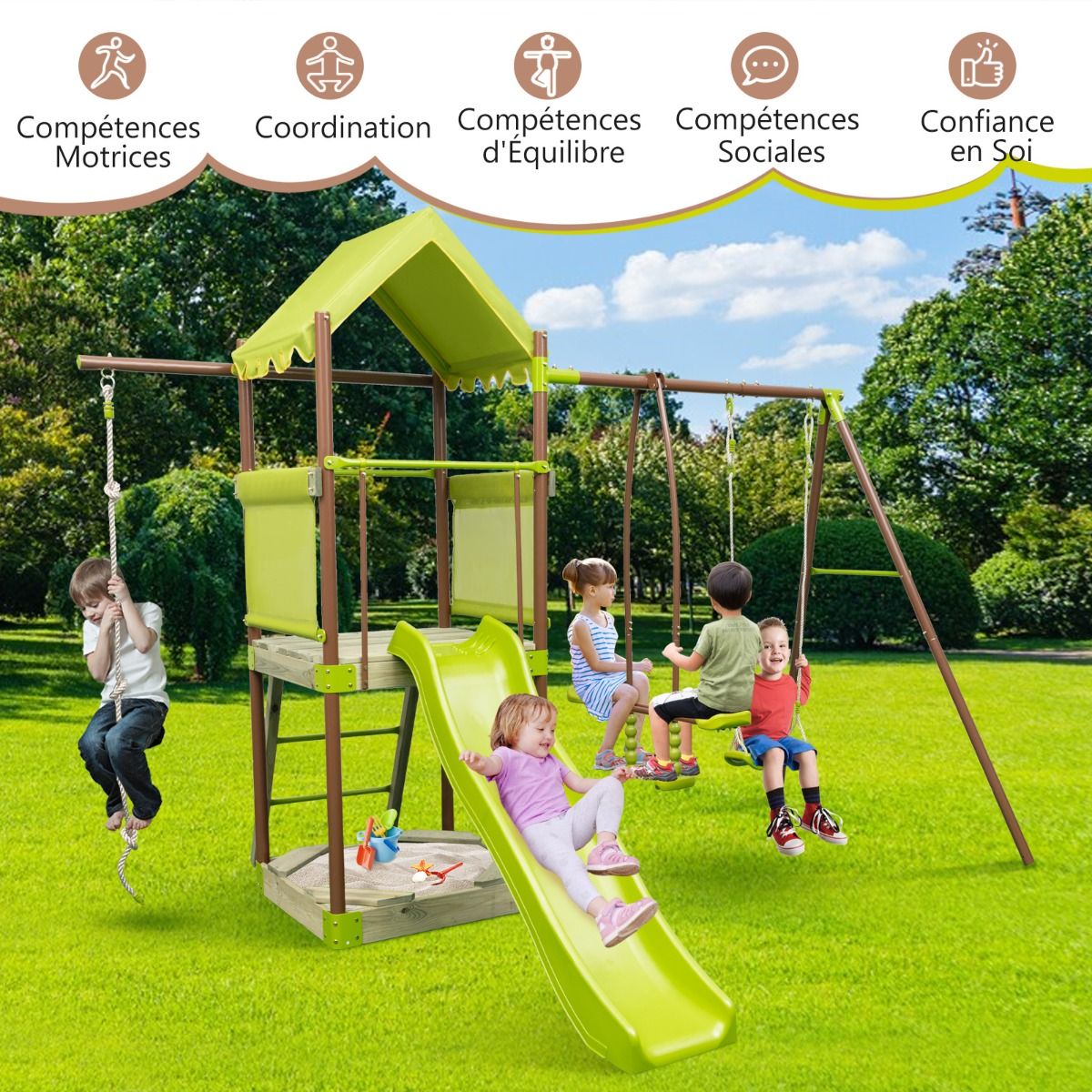 7-in-1 Swing Metal Playground with Strong Canopy Height Adjustable Climbing Rope Sandbox Slider Corrugated Slide Green - - Image 7