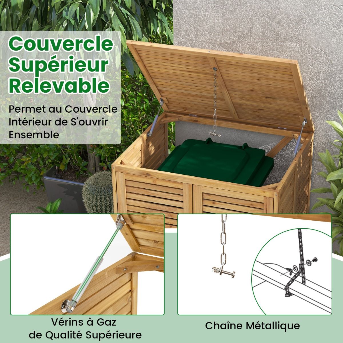 120L Wooden Trash Can Shed Outdoor Tool Shed with Openable Lid Double Doors Natural Locking Latch - - Image 8