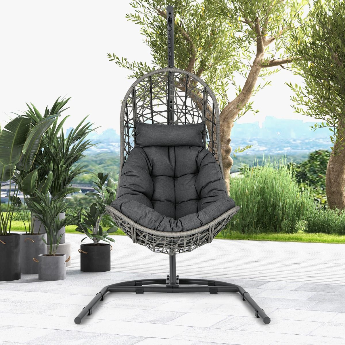 PE Rattan Egg Chair with Support with Pillow and Cushion Hanging Chair with Suspension Accessories Capacity 160 Kg Gray - - Image 3