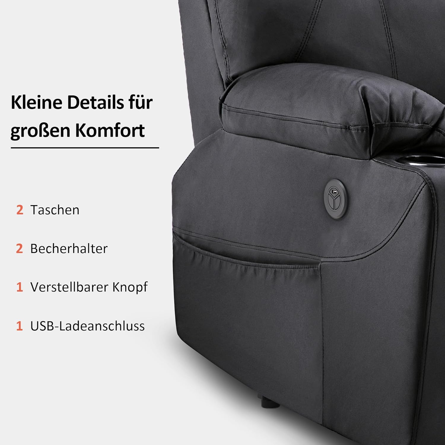 MCombo electric tie-down aid, TV armchair, Relaxing armchair, Massage, Heating, Electrically adjustable USB connection, Faux leather, Black - Image 7