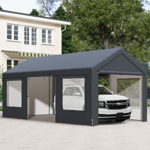 Carport 595 x 300 cm Outdoor Garage Tent with 8 Removable Side Walls Roll Up Doors Ventilated Windows Gray -