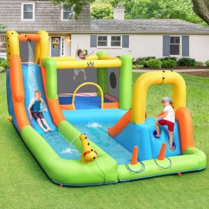 8 in 1 Inflatable Castle with 2 Slides Water Park with Jumping House Load 135kg for 3 Children Aged 3-10 -