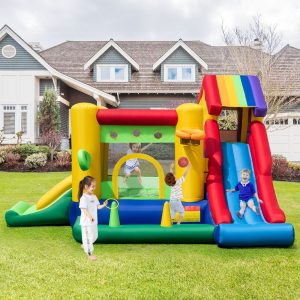 7 in 1 Rainbow Themed Inflatable Castle with Fan Double Slides Ball Pool Basketball Hoop Load 90kg -