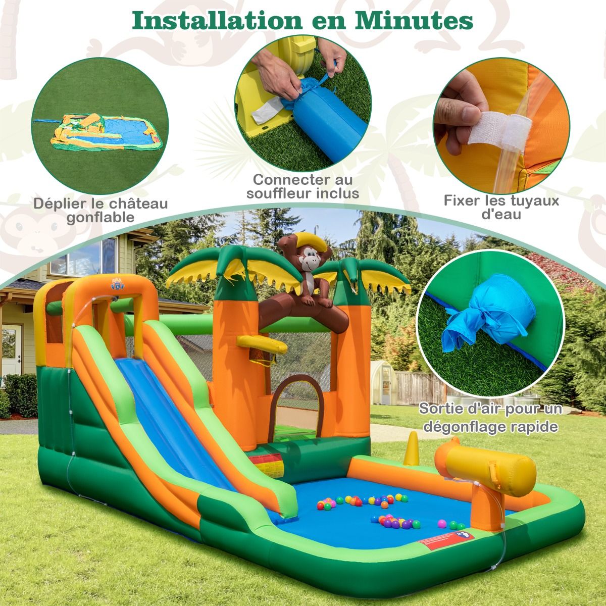 7 in 1 Tropical Inflatable Castle with Monkey & Palm Tree Theme with Water Slide with Pool & 50 Balls Load 90kg for 2 Children Aged 3-10 - - Image 9