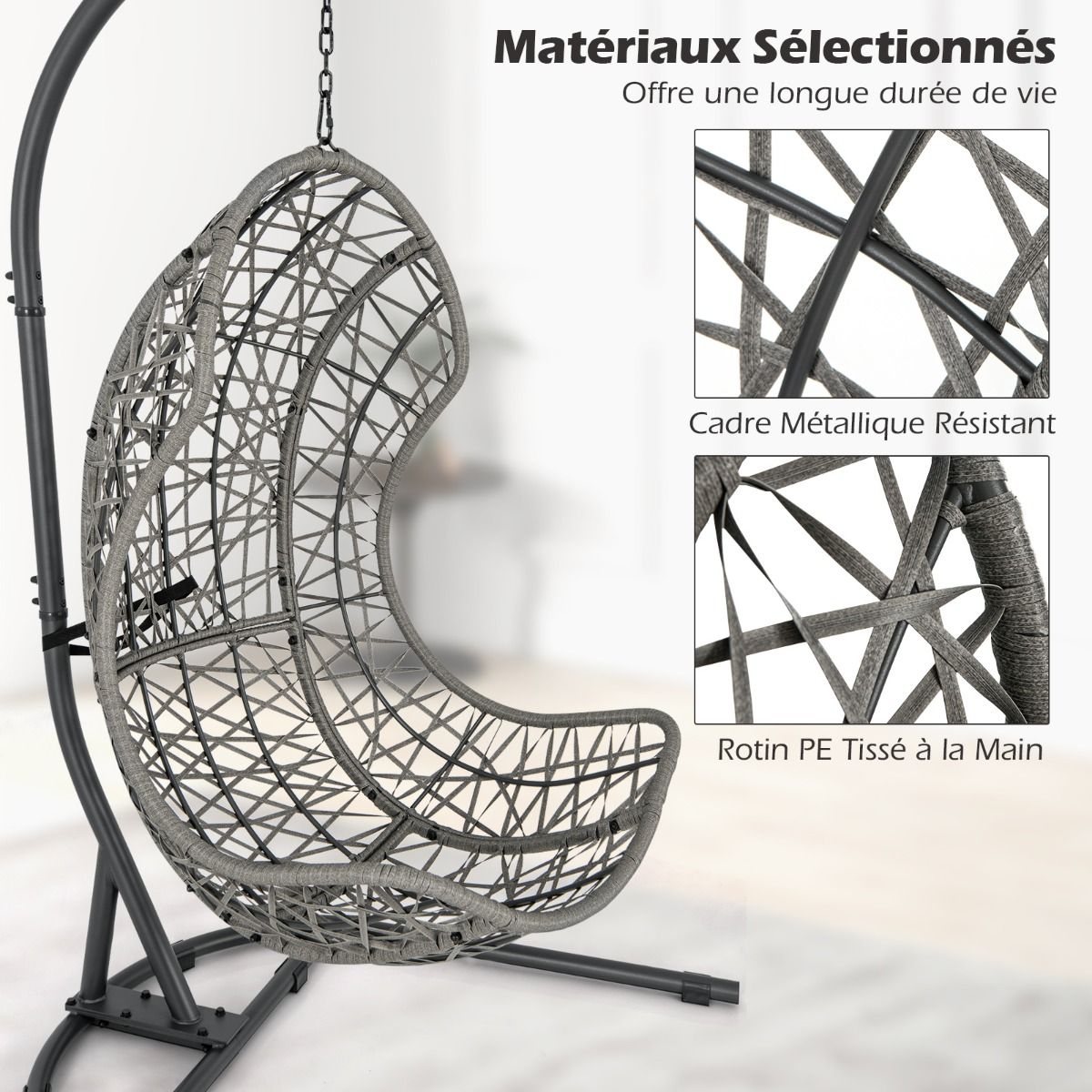 PE Rattan Egg Chair with Support with Pillow and Cushion Hanging Chair with Suspension Accessories Capacity 160 Kg Gray - - Image 8