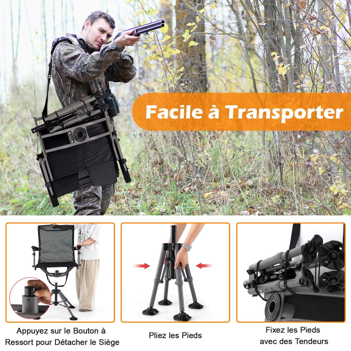 Portable Hunting Chair Shooting Chair with Adjustable Folding Seat 360° Rotation Adjustable Rifle Support Load 150 kg Black - - Image 9