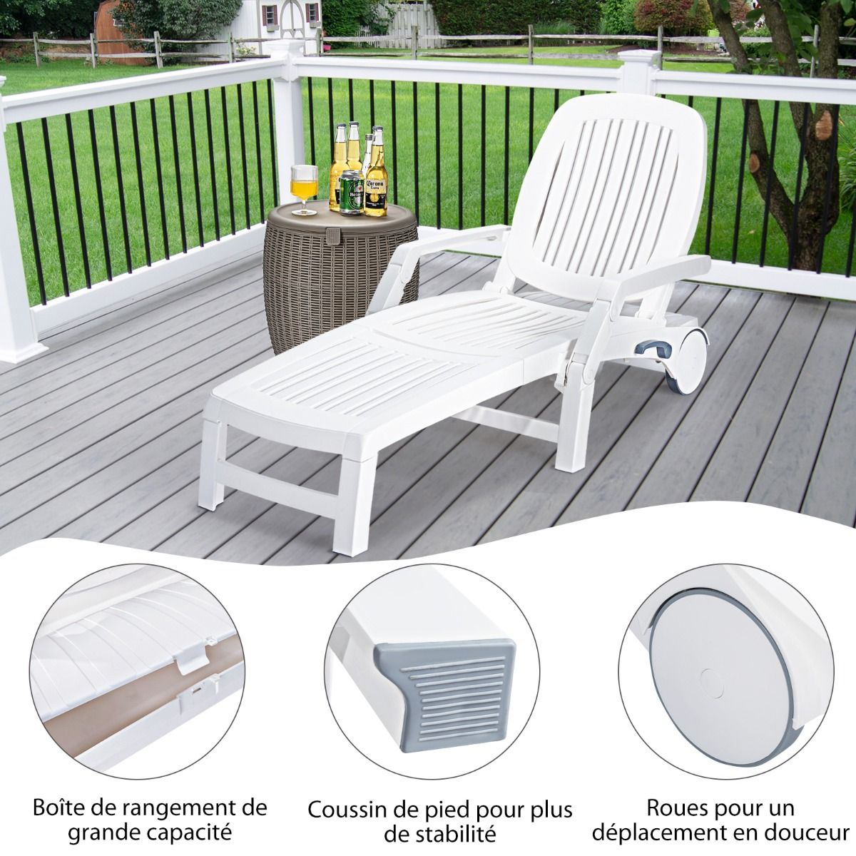5 Position Adjustable Reclining Lounge Chair with Flexible Wheels Camping Relax Armchair with Storage Box Load 150KG White - - Image 8