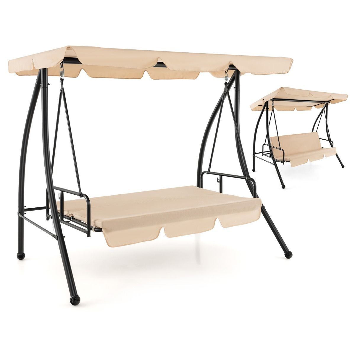 2-Seater Convertible Outdoor Swing with Flat Bed Terrace Hammock with Adjustable Awning and Removable Cushion for Garden - - Image 4