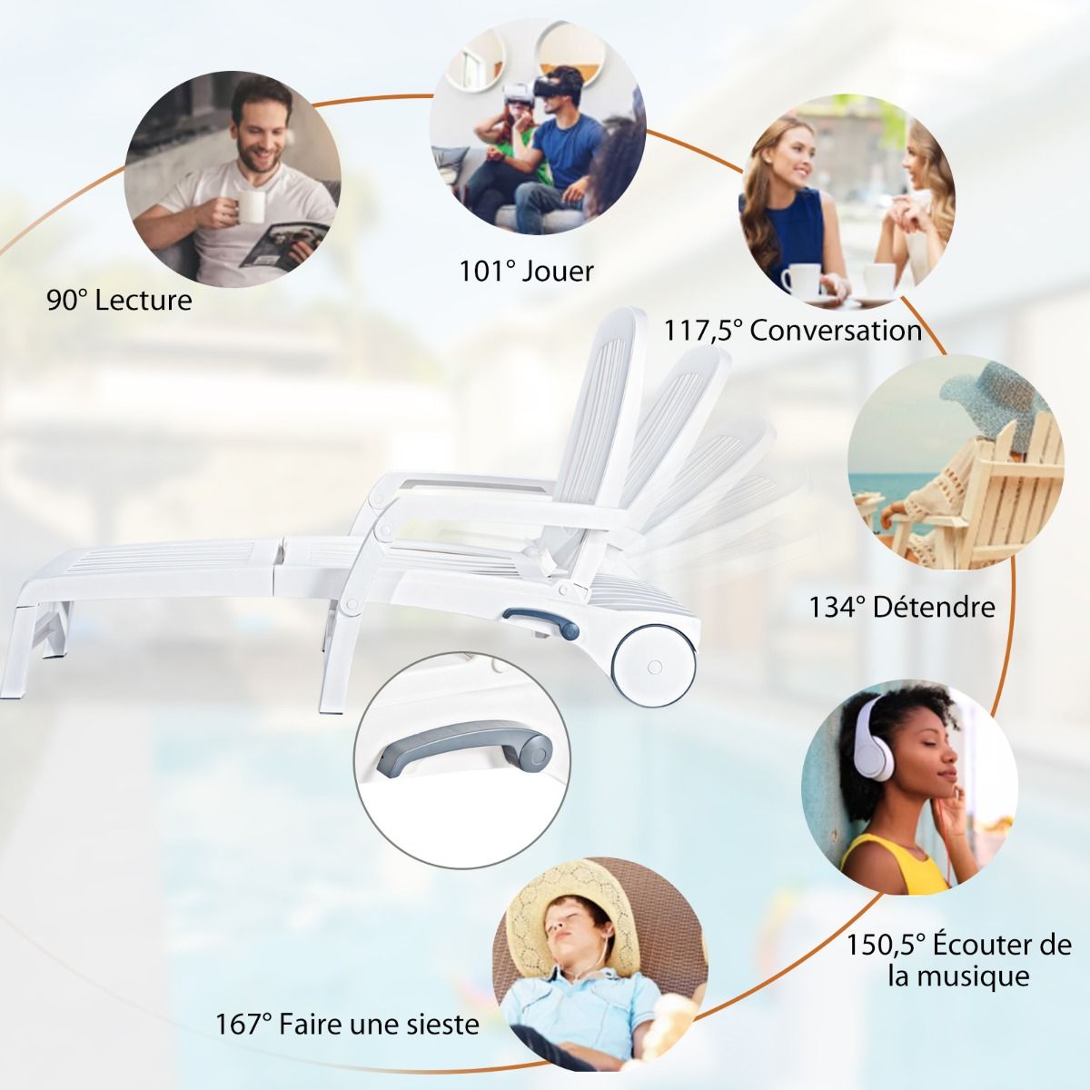 5 Position Adjustable Reclining Lounge Chair with Flexible Wheels Camping Relax Armchair with Storage Box Load 150KG White - - Image 10