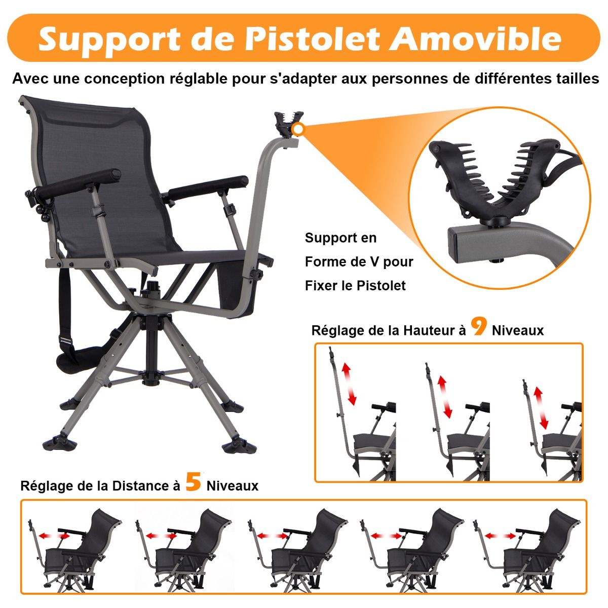 Portable Hunting Chair Shooting Chair with Adjustable Folding Seat 360° Rotation Adjustable Rifle Support Load 150 kg Black - - Image 8