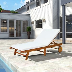 Foldable Wooden Lounge Chair with 2 Wheels and a Removable Cushion Adjustable Backrest Load Capacity 160KG Ideal for Outdoors -