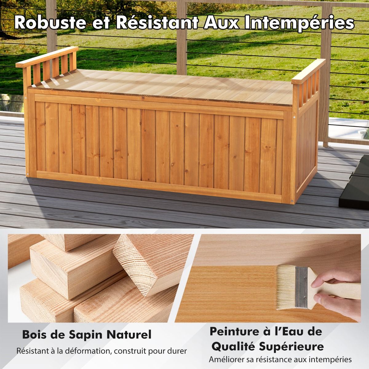 Wooden Storage Bench 209 L 2-Seater Outdoor Bench with Armrests Wooden Storage Box Load 100KG Natural - - Image 5