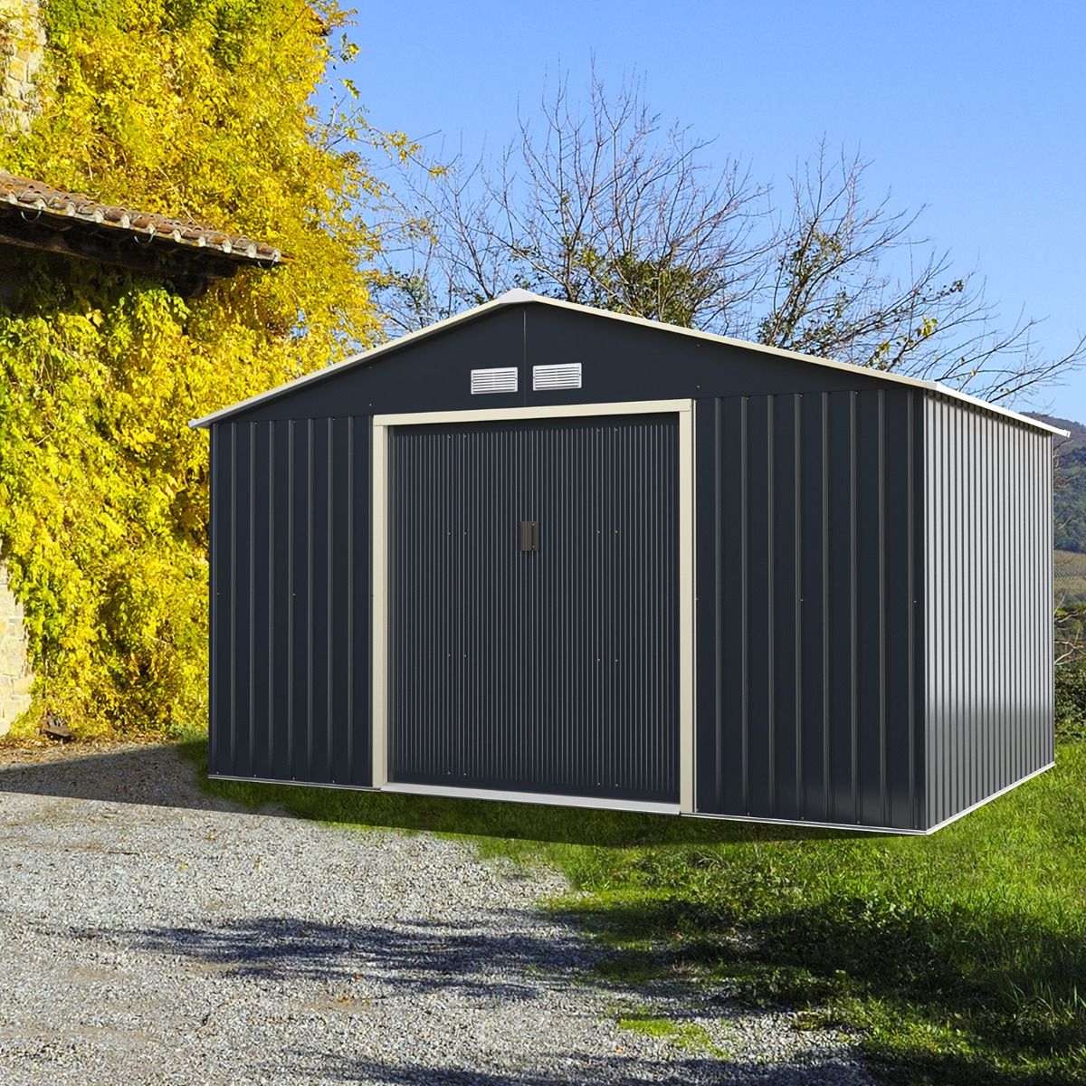 Metal Garden Shed 8.67 340 x 255 x 210 cm with 2 Lockable Sliding Doors 4 Ventilation Holes Gray for Bicycle - - Image 3