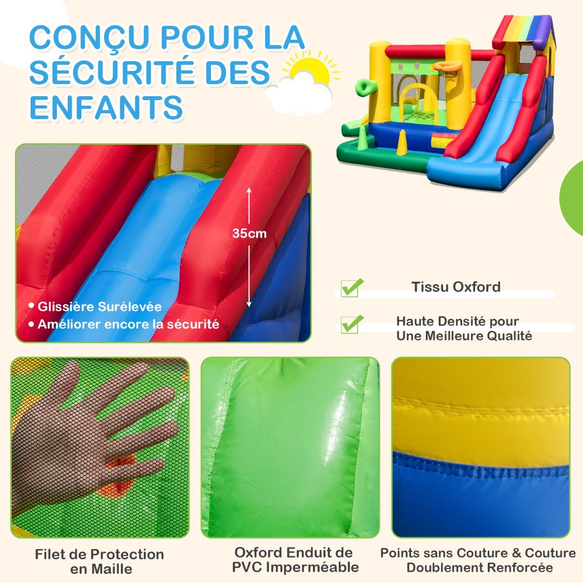 7 in 1 Rainbow Themed Inflatable Castle with Fan Double Slides Ball Pool Basketball Hoop Load 90kg - - Image 6