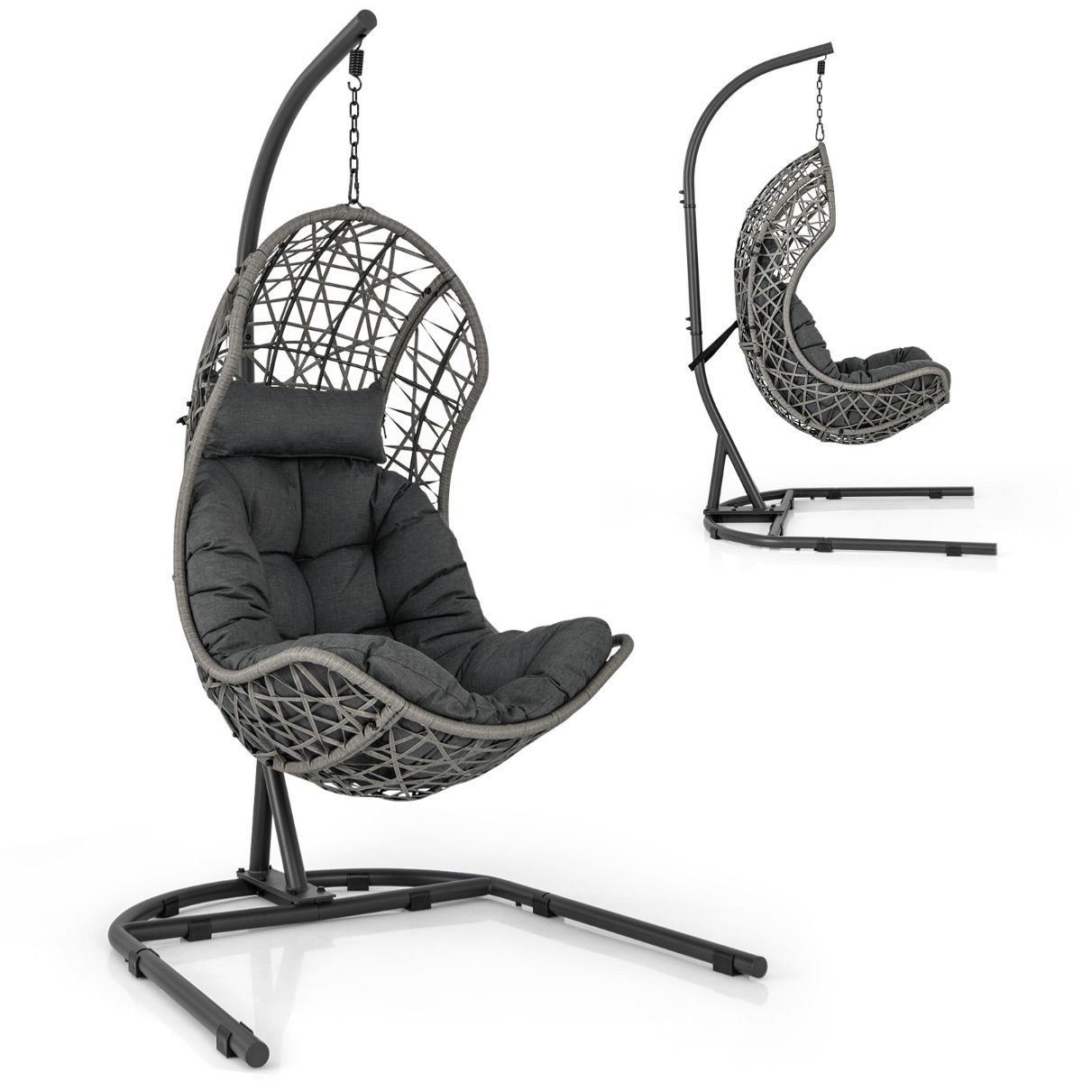 PE Rattan Egg Chair with Support with Pillow and Cushion Hanging Chair with Suspension Accessories Capacity 160 Kg Gray - - Image 5
