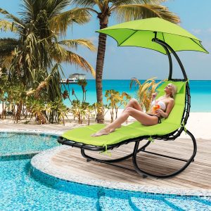 Sun Lounger Rocking Hanging Deckchair with Sun Shade & Hammock Cushion Load 150KG 184 cm x 147 cm x 187 cm Green -