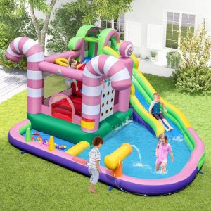 9 in 1 Candy Shaped Bouncy Castle with Slide Inflatable Jumping House with Water Gun Load 90kg for 2 Children Aged 3-10 -