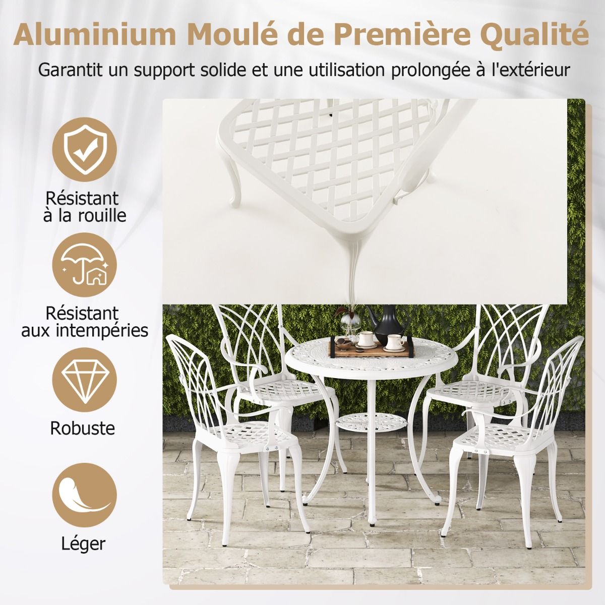 5 Pcs Cast Aluminum Garden Furniture Parasol Hole Adjustable Footrest Round Table Set and 4 Chairs White - - Image 7