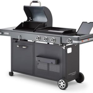 BRASERO - Bi-Energy Gun Metal XL Barbecue - Charcoal Barbecue and Plancha 60 x 42 cm Gas Barbecue with Side Burner -12.95 KW