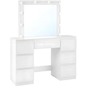 White Dressing Table with LED Mirror - 7 Drawers -