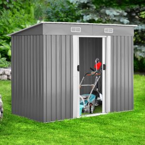 Outdoor Garden Shed in Galvanized Steel with 2 Doors, 4 Air Vents for Storing Tools 238 x 131 x 181CM Grey+White -