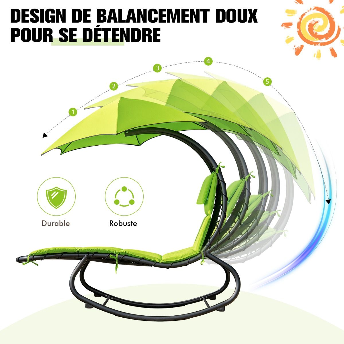 Sun Lounger Rocking Hanging Deckchair with Sun Shade & Hammock Cushion Load 150KG 184 cm x 147 cm x 187 cm Green - - Image 7