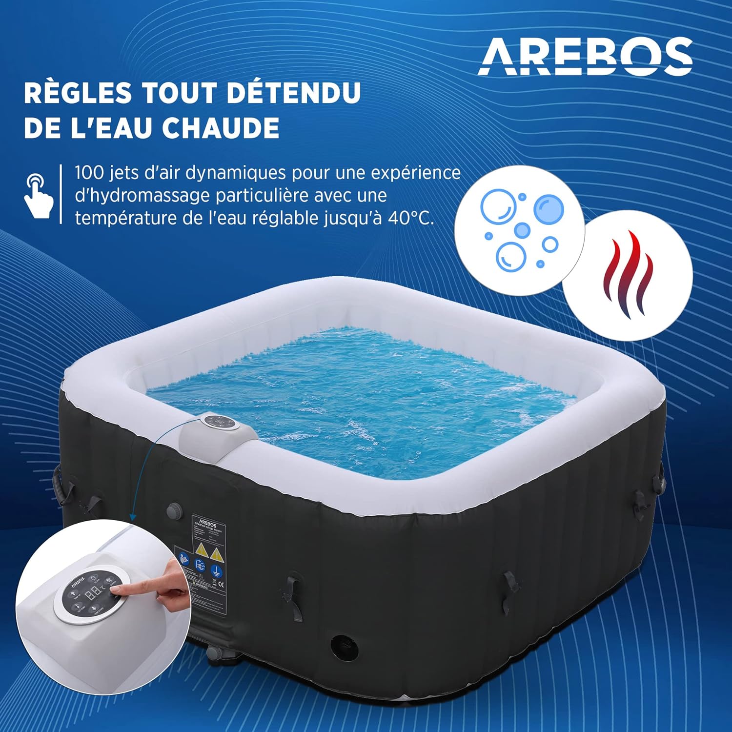 Arebos Inflatable Spa | for indoors and outdoors | 4 People | 154x154cm | 100 Massage Jets | Spa Well-being Heating | Square Inflatable Massage | 600 liters - Image 2