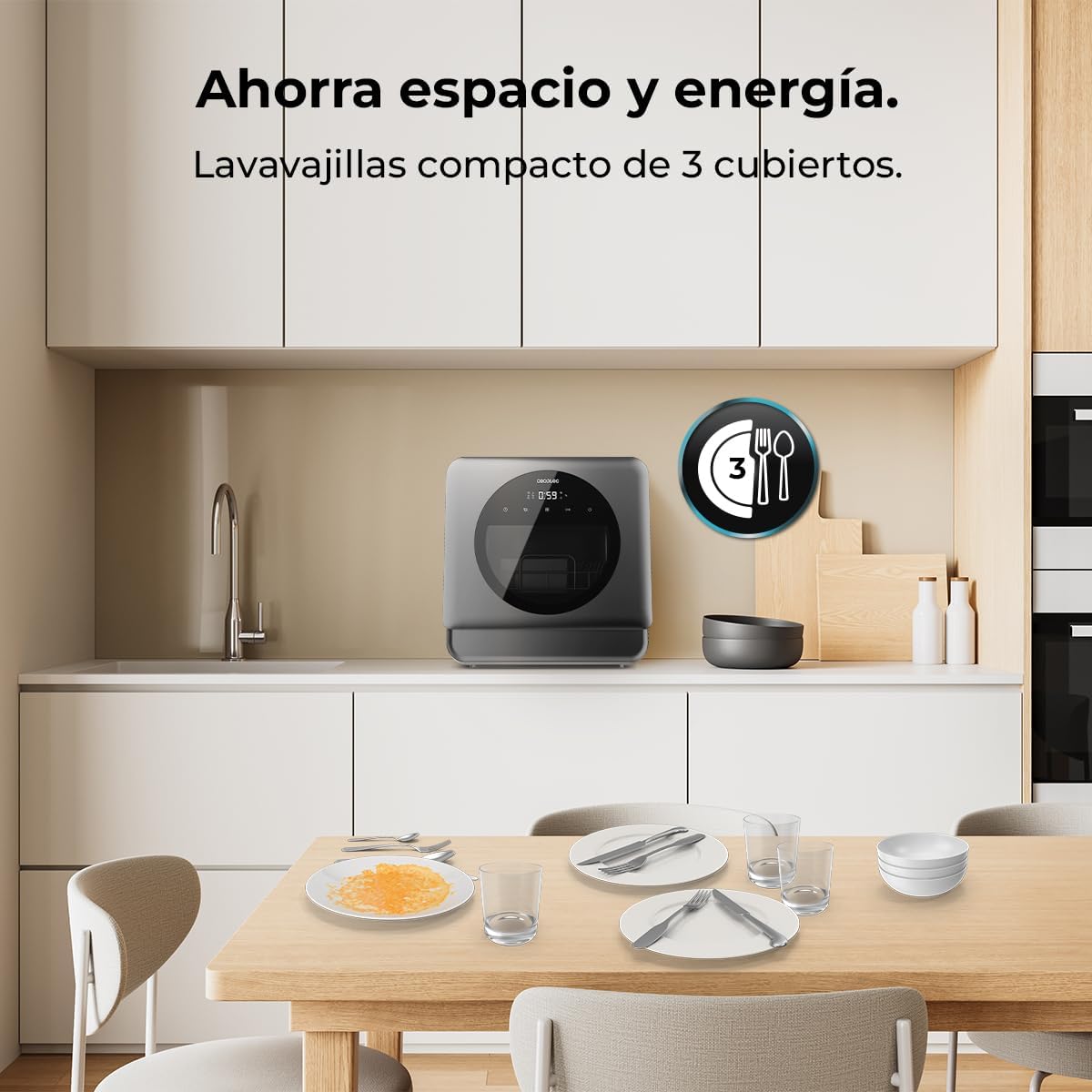Cecotec Dishwasher Compact Free Installation on Table Bolero Aguazero 1150 Dark. 3 Place Settings, Low Consumption, 6 Programs, Touch Control Panel, Long Storage and Delay Start Functions - Image 2
