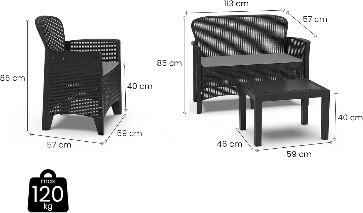 Dmora - Ostuni outdoor lounge set, Garden lounge set consisting of 2 armchairs, 1 sofa and 1 coffee table, rattan effect lounge with cushions, 100% Made in Italy, Anthracite - Image 3
