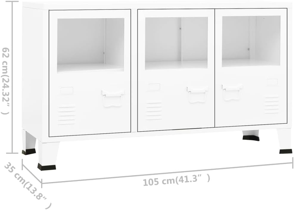 vidaXL Industrial Sideboard Side Cabinet Storage Unit Storage Cabinet Living Room Home Interior White 105x35x62 cm Metal and Glass - Image 3