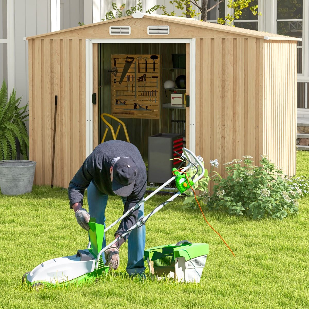 Storage Shed 259cm x196cm with Foundation Base Home Galvanized Metal Tools with 4 Vents Waterproof and Windproof Natural - - Image 2