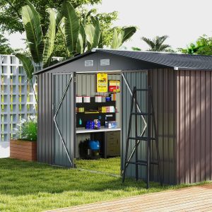 Outdoor Storage Shed Large Tool Shed with Sloped Roof Design Closable Doors with Keys 4 Arions 350x350x198cm Gray -