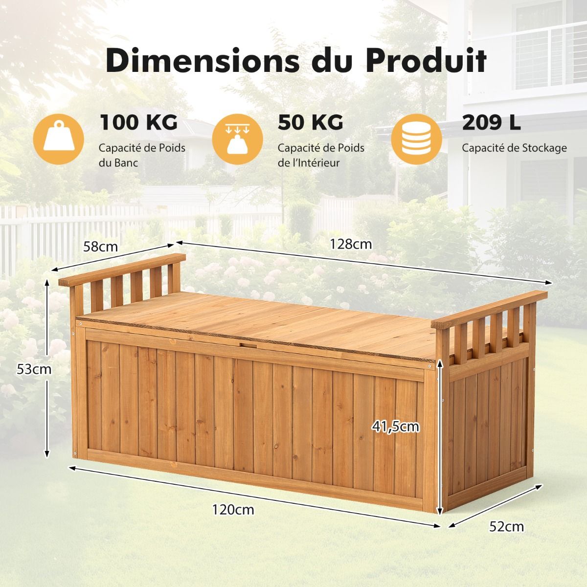 Wooden Storage Bench 209 L 2-Seater Outdoor Bench with Armrests Wooden Storage Box Load 100KG Natural - - Image 8