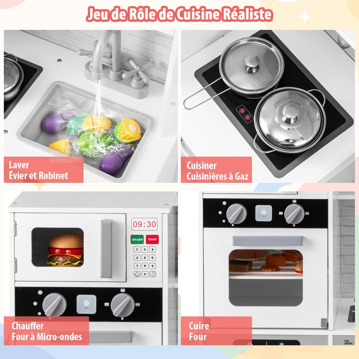 Play Kitchen for Ages 3 and Up Wooden Kitchen Toys with Sink Faucet Water Dispenser Microwave Oven Utensils White - - Image 4