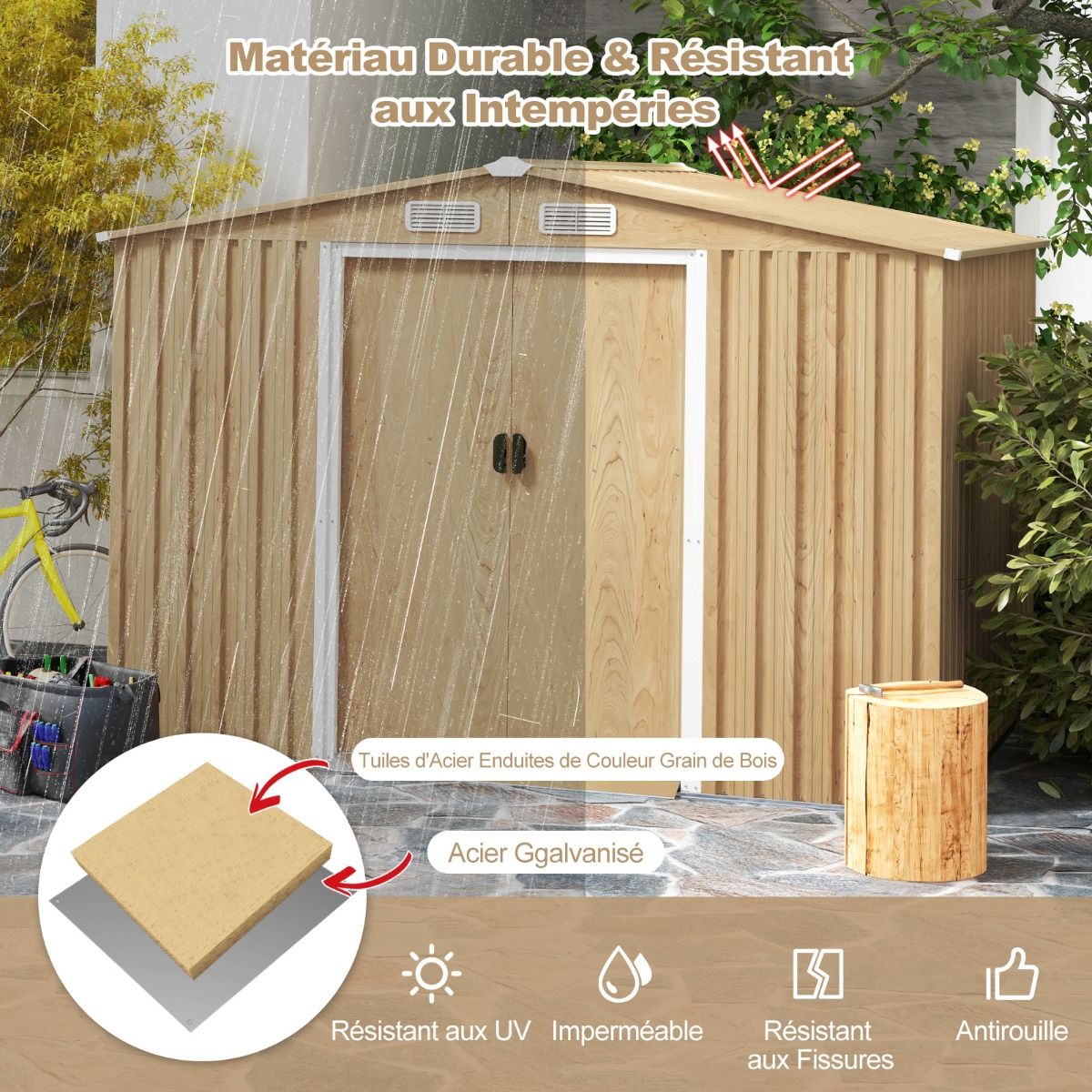Storage Shed 259cm x196cm with Foundation Base Home Galvanized Metal Tools with 4 Vents Waterproof and Windproof Natural - - Image 7