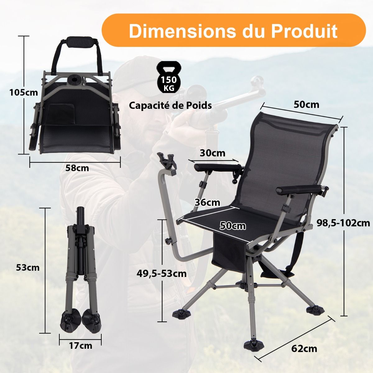 Portable Hunting Chair Shooting Chair with Adjustable Folding Seat 360° Rotation Adjustable Rifle Support Load 150 kg Black - - Image 10