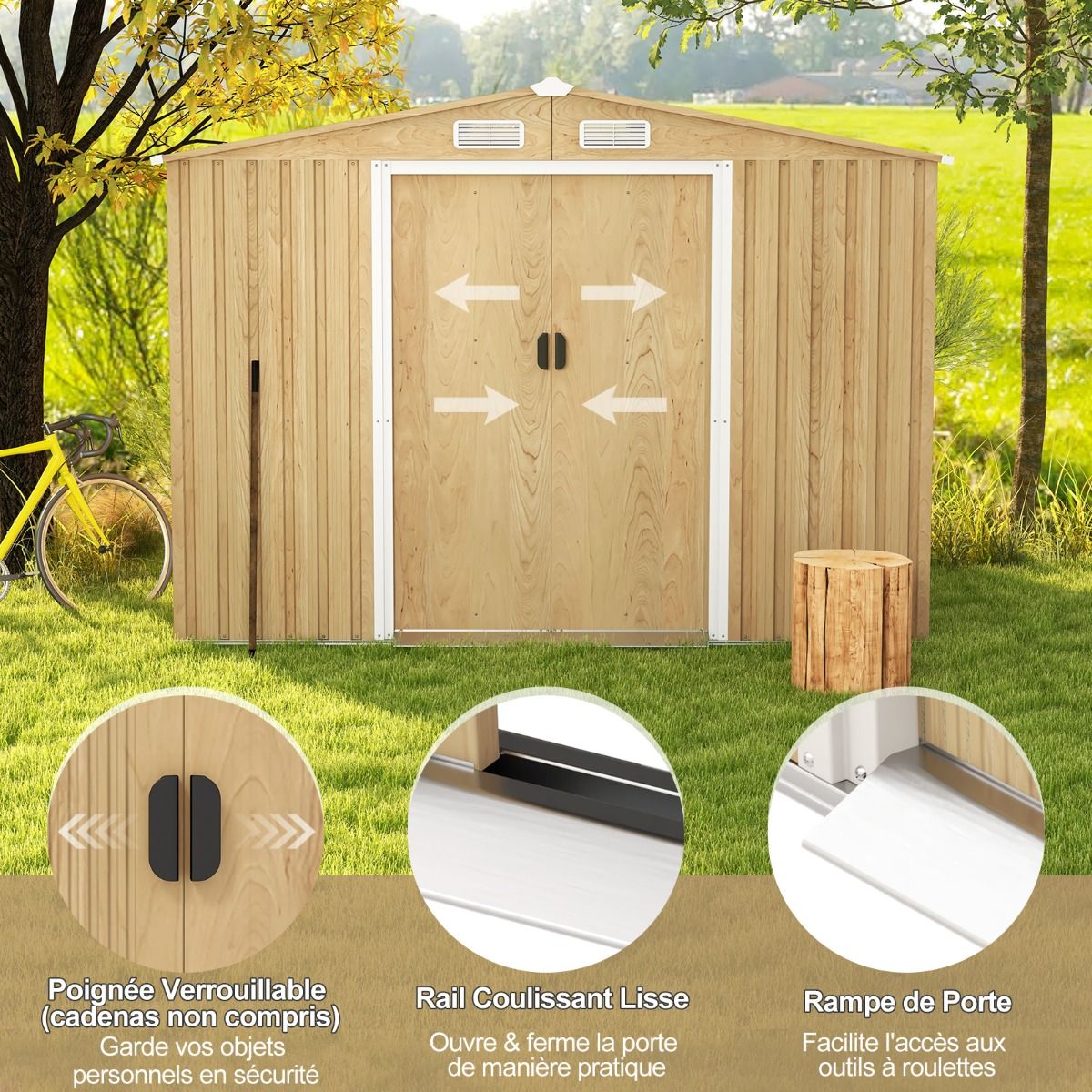 Storage Shed 259cm x196cm with Foundation Base Home Galvanized Metal Tools with 4 Vents Waterproof and Windproof Natural - - Image 4