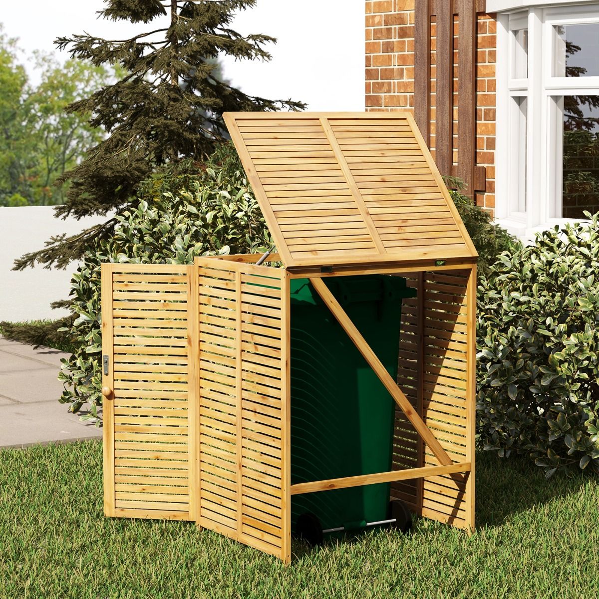 120L Wooden Trash Can Shed Outdoor Tool Shed with Openable Lid Double Doors Natural Locking Latch - - Image 2