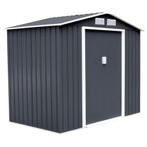Galvanized Sheet Garden Shed Tool Storage Shed Double Door 2 Vents, 277x191x192cm, Gray and White -